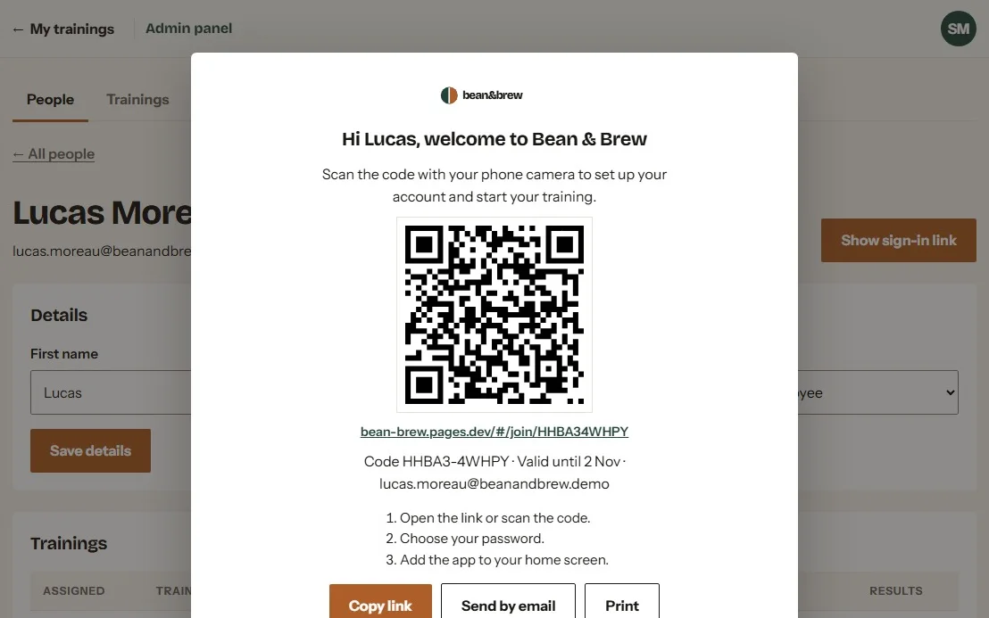 Sign-in card with a QR code for a new employee